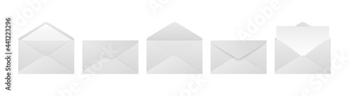 Realistic envelopes. Folded unfolded envelope mockup set isolated on white background. Vector letter illustration