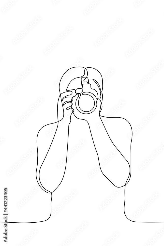 professional photographer with camera makes a photo of the viewer - one line drawing. photography concept, video filming, photographer at work, photojournalist makes content professional photographer with camera makes a photo of the viewer - one line drawing. photography concept, video filming, photographer at work, photojournalist makes content