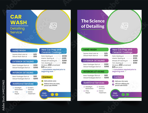 modern car wash car detailing and rental flyer, car service and price list flyer, auto mobile car service flyer