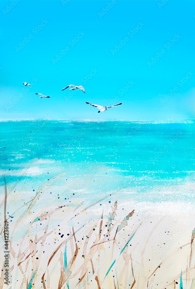 Watercolor seascape. In the bright blue sky, a flock of seagulls, an azure sea, a sunny sandy beach with dry grass. Summer drawn illustration