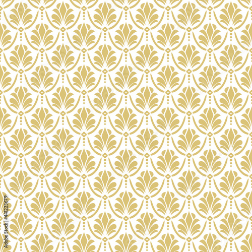 Floral pattern. Wallpaper baroque, damask. Seamless vector background. Gold and white ornament Graphic modern pattern.