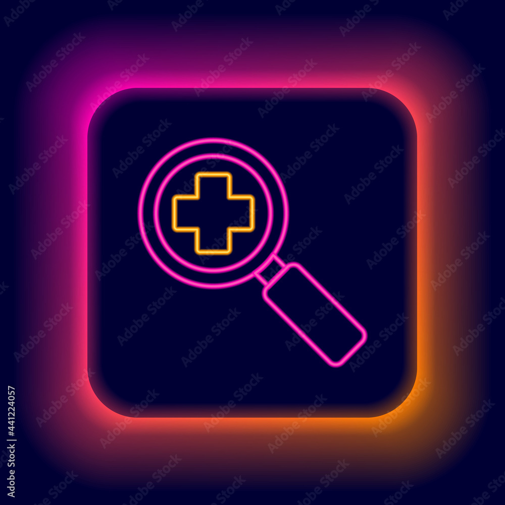 Fototapeta premium Glowing neon line Magnifying glass for search medical icon isolated on black background. Hospital search. Colorful outline concept. Vector