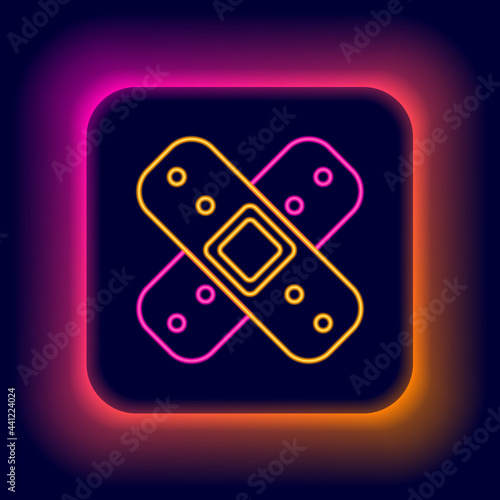 Glowing neon line Crossed bandage plaster icon isolated on black background. Medical plaster, adhesive bandage, flexible fabric bandage. Colorful outline concept. Vector
