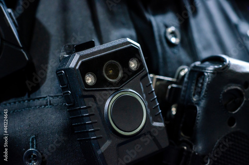 Close-up of police body camera