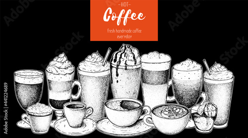 Coffee drink hand drawn collection. Sketch graphic elements for menu design. Vintage vector illustration. Various coffee drinks set. Coffee cups.