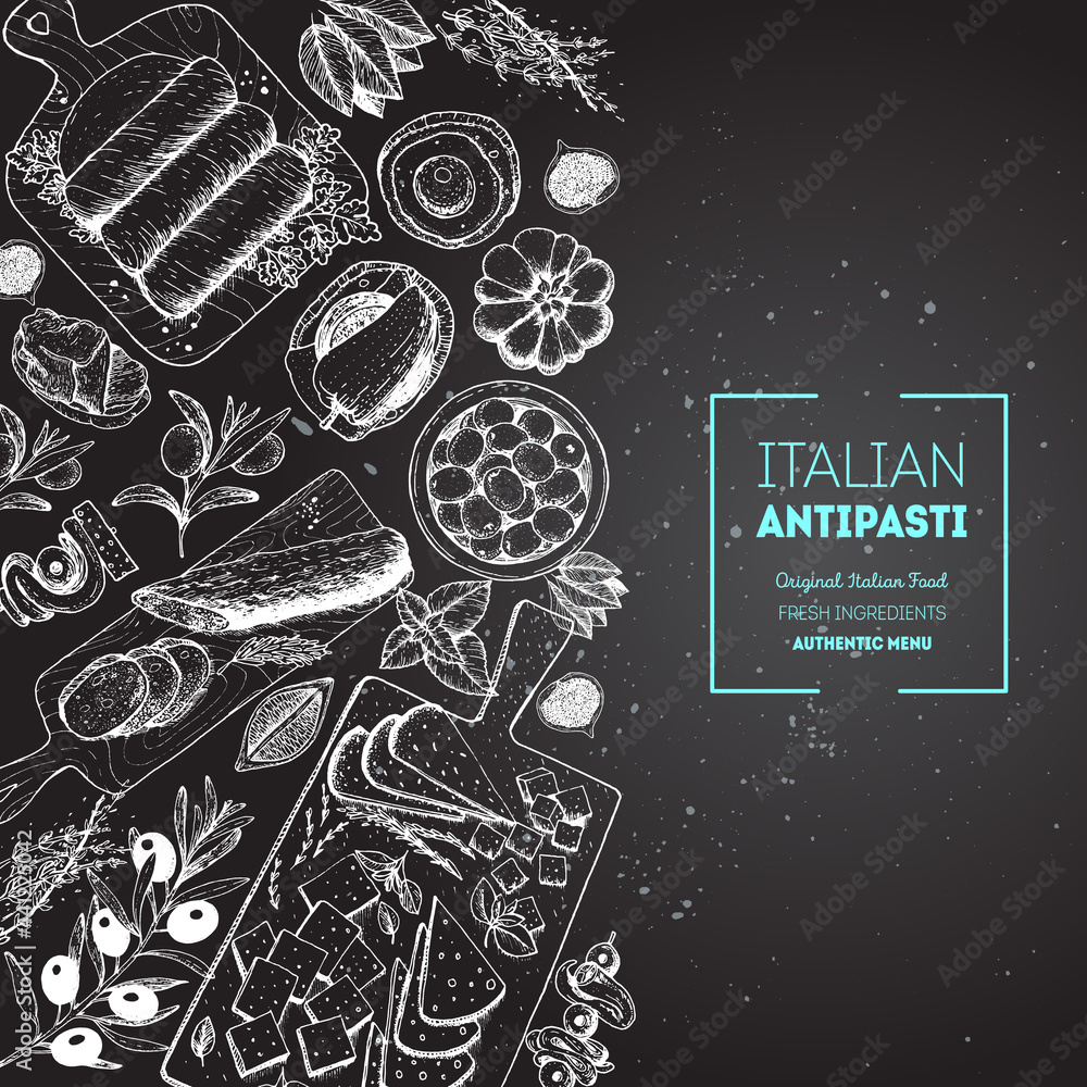 Italian food top view poster. A set of Italian Antipasti. Food menu design template. Vintage hand drawn sketch vector illustration. Engraved image Italian food top view poster. A set of Italian Antipasti. Food menu design template. Vintage hand drawn sketch vector illustration. Engraved image