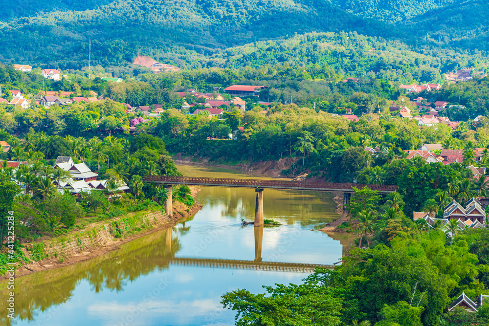 Luang Prabang city in Laos landscape panorama with Mekong river.