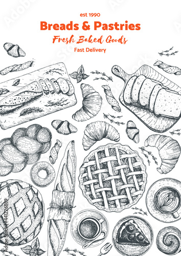 Bakery top view frame. Background template for design. Engraved food image.