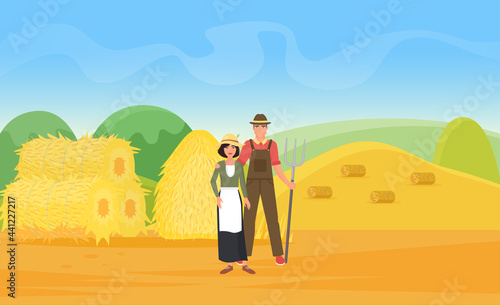 Farmer people work on wheat farm field with haystacks vector illustration. Cartoon villagers characters standing together in countryside farmland village landscape, holding pitchfork background