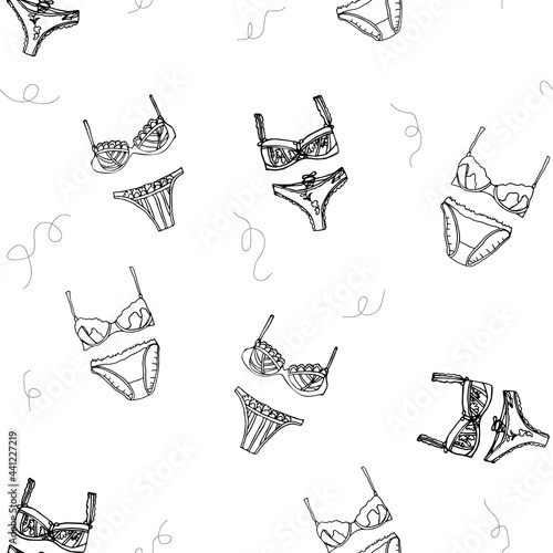 seamless pattern black and white underwear with curls on a white background