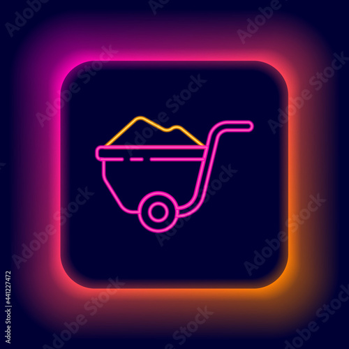 Glowing neon line Wheelbarrow with dirt icon isolated on black background. Tool equipment. Agriculture cart wheel farm. Colorful outline concept. Vector