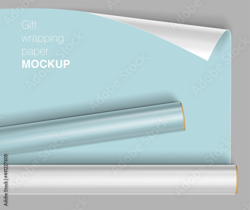 Vector gift wrapping paper rolls mock up on light background with transparent shadows. Template for your design.