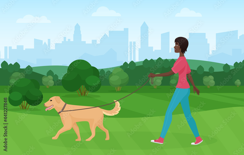 Fototapeta premium African american black woman walking with golden terrier dog pet in the park vector illustration