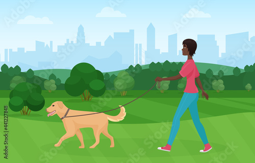 African american black woman walking with golden terrier dog pet in the park vector illustration