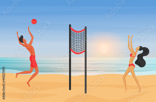 Young couple playing beach volleyball at sunset vector illustration