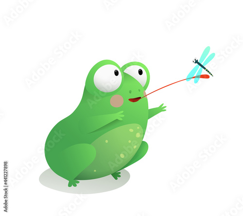Cute frog or toad sitting catching a dragonfly with its long tongue. Funny adorable frog for children. Vector illustration for children in watercolor style.