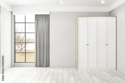 Minimalist Cabinet with gray wall and wood floor. 3d rendering