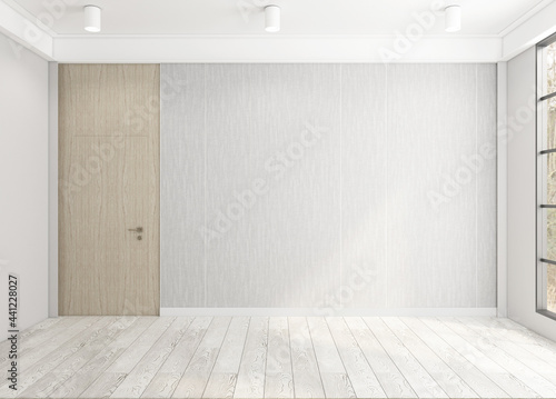 Empty room with gray wall and wood floor. 3d rendering