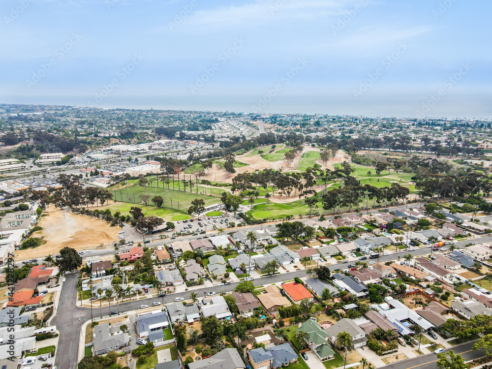 Aerial view of middle class Oceanside town in San Diego, California. USA