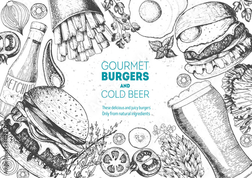 Beer and burgers vector illustration. Fast food, junk food frame. Pub food menu. Elements for burgers restaurant menu design. Engraved image, retro style.