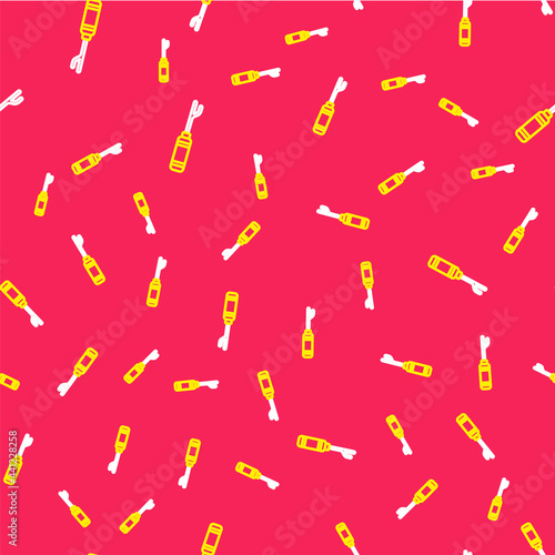 Line Awl tool with wooden handle icon isolated seamless pattern on red background. Work equipment tailor industry. Vector