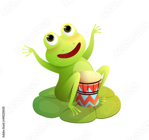 Funny frog concert on the waterlily, happy toad or frog playing drums musical instrument sitting on waterlily in the pond. Vector illustration for children in watercolor style.