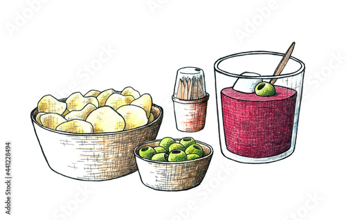 ilustración a color del clásico aperitivo español: vermut, patatas chips y olivas verdes. Hora del vermut. Dibujo a mano. photo