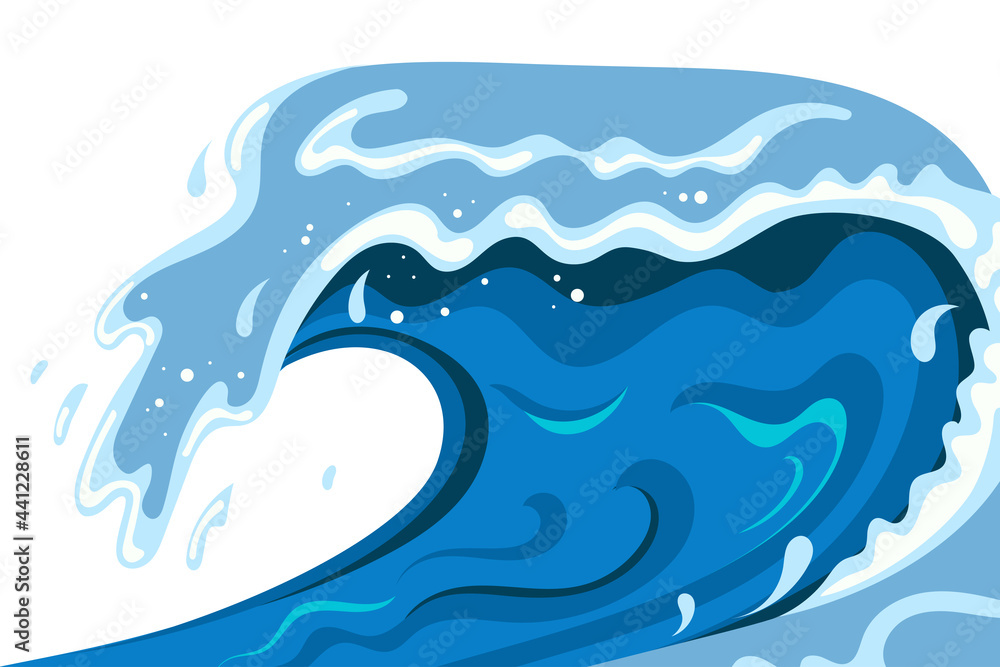 Tsumani wave background in flat cartoon style. Big blue tropical water splash with white foam. Vector illustration