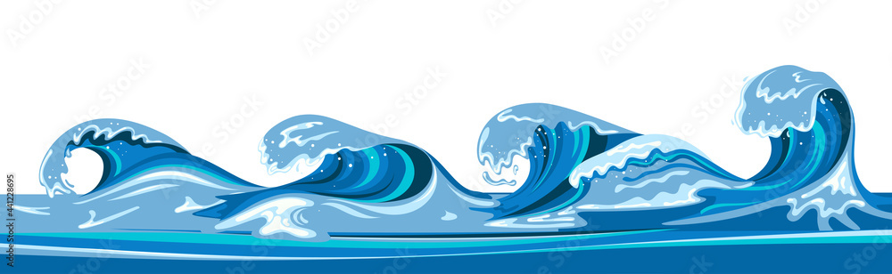 Tsumani wave background in flat cartoon style. Big blue tropical water splash with white foam. Vector illustration