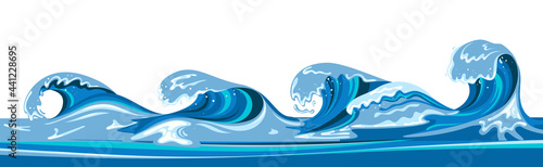 Tsumani wave background in flat cartoon style. Big blue tropical water splash with white foam. Vector illustration