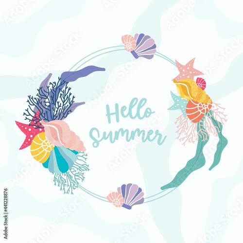 Round summer frame made of sea shells. Hello Summer. Vector illustration.