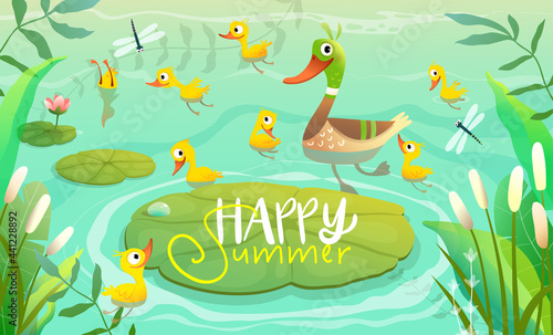 Duck family, mom duckling with little yellow chicks swimming on the pond or lake with lily pods and reeds. Vector pond scenery illustration for children in watercolor style.