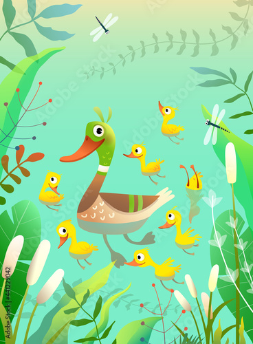 Duck family, mom duckling with little yellow chicks swimming and diving on the pond or lake with grass, lily and reeds. Vector illustration for children in watercolor style.