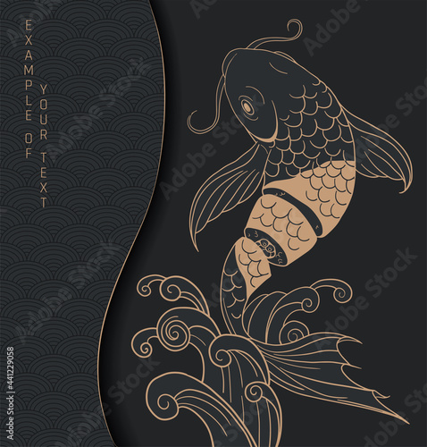 abstract illustration black and gold fish with sushi 