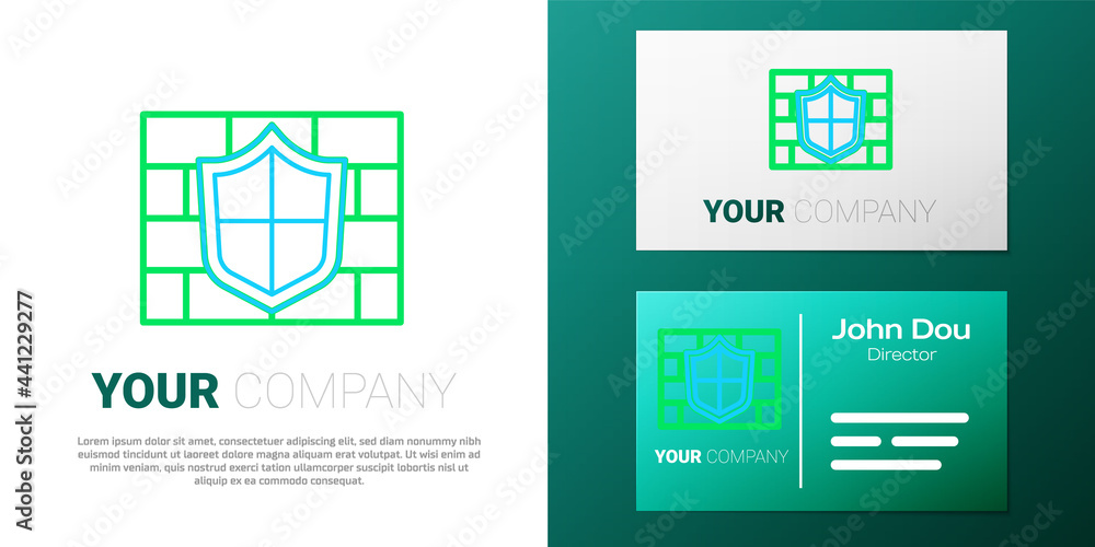 Line Shield with cyber security brick wall icon isolated on white background. Data protection symbol. Firewall. Network protection. Colorful outline concept. Vector Line Shield with cyber security brick wall icon isolated on white background. Data protection symbol. Firewall. Network protection. Colorful outline concept. Vector