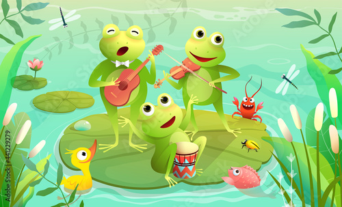 Kids music festival on a lake or pond with frogs playing musical instruments and singing. Funny animals music show on a swamp. Vector swamp scenery illustration for children in watercolor style.