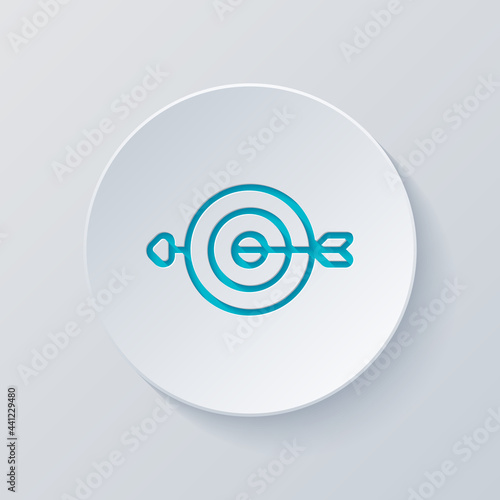 Target with arrow, focus on the objective, dart game, simple icon. Cut circle with gray and blue layers. Paper style