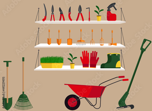 Illustration of a garden supply store with shelves where scissors, rakes, hoes, wheelbarrow and much more are located