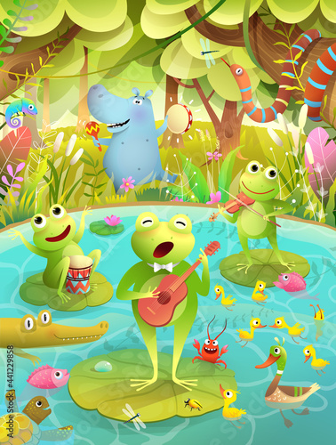Kids music festival on a lake or pond with frogs playing musical instruments and singing. Animals party on lake singing and dancing. Vector swamp scenery illustration for children in watercolor style.