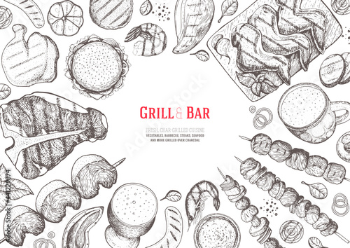Grill and bar menu design template. Grilled meat and vegetables top view frame. Vector illustration. Engraved design. Hand drawn illustration. Pub food poster.