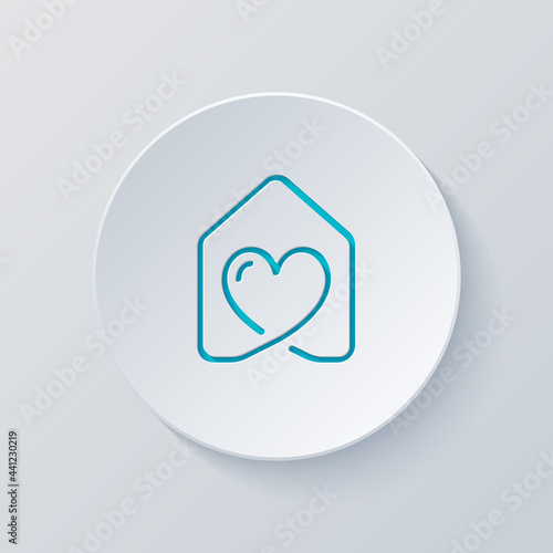 House with heart, stay home, happy family, simple icon. Cut circle with gray and blue layers. Paper style