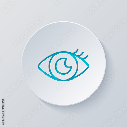 Woman eye, girl eyelash, beauty logo. Cut circle with gray and blue layers. Paper style