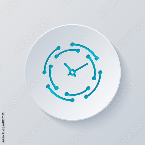 Timer in circle, simple clock or watch, time icon. Cut circle with gray and blue layers. Paper style