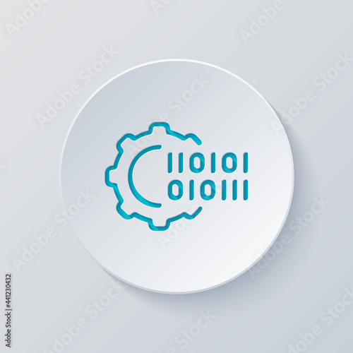 Digital transformation, simple gear, technology icon. Cut circle with gray and blue layers. Paper style