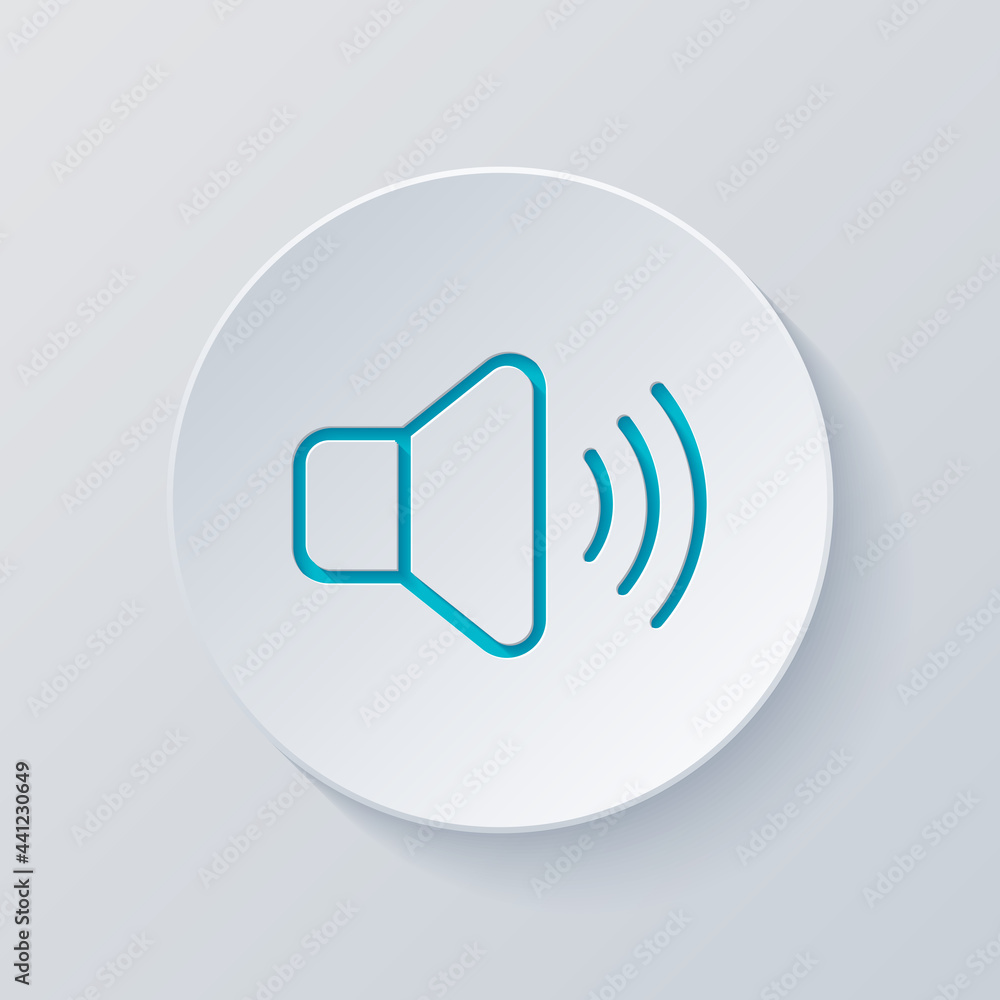 Simple volume icon, audio speaker, sound symbol. Cut circle with gray and blue layers. Paper style Simple volume icon, audio speaker, sound symbol. Cut circle with gray and blue layers. Paper style