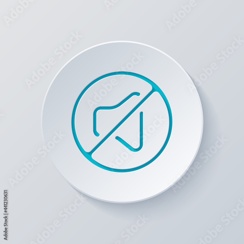 Mute sound, audio off, simple icon. Cut circle with gray and blue layers. Paper style