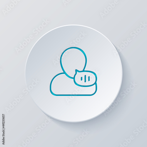 Voice command, speaking person, simple icon. Cut circle with gray and blue layers. Paper style