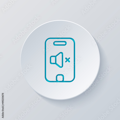 Mute sound, audio off, simple icon. Cut circle with gray and blue layers. Paper style