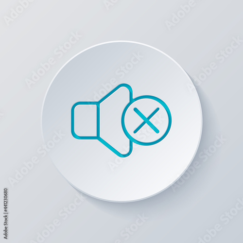 Mute sound, audio off, simple icon. Cut circle with gray and blue layers. Paper style