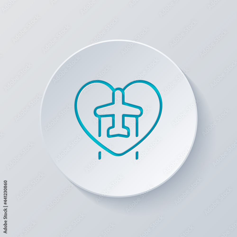 Plane and heart, love of travel, simple business icon. Cut circle with gray and blue layers. Paper style Plane and heart, love of travel, simple business icon. Cut circle with gray and blue layers. Paper style